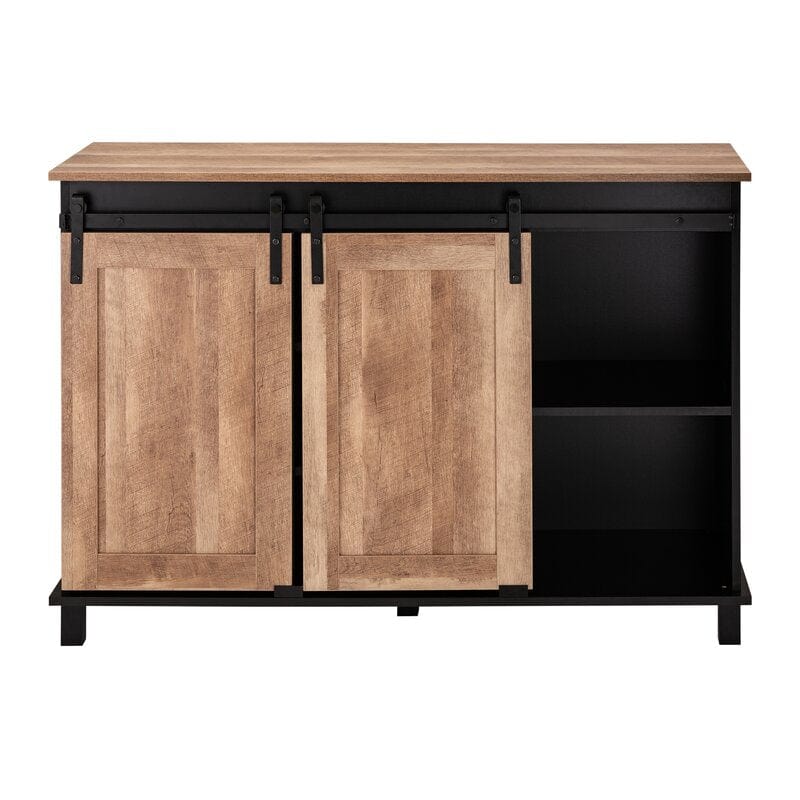 Modern Industrial Black Wine Bar Cabinet With Natural Top And Sliding Doors