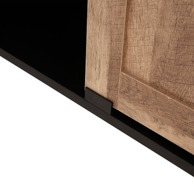 Modern Industrial Black Wine Bar Cabinet With Natural Top And Sliding Doors
