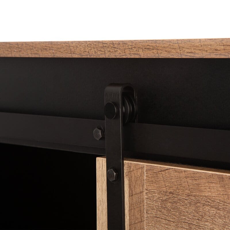 Modern Industrial Black Wine Bar Cabinet With Natural Top And Sliding Doors