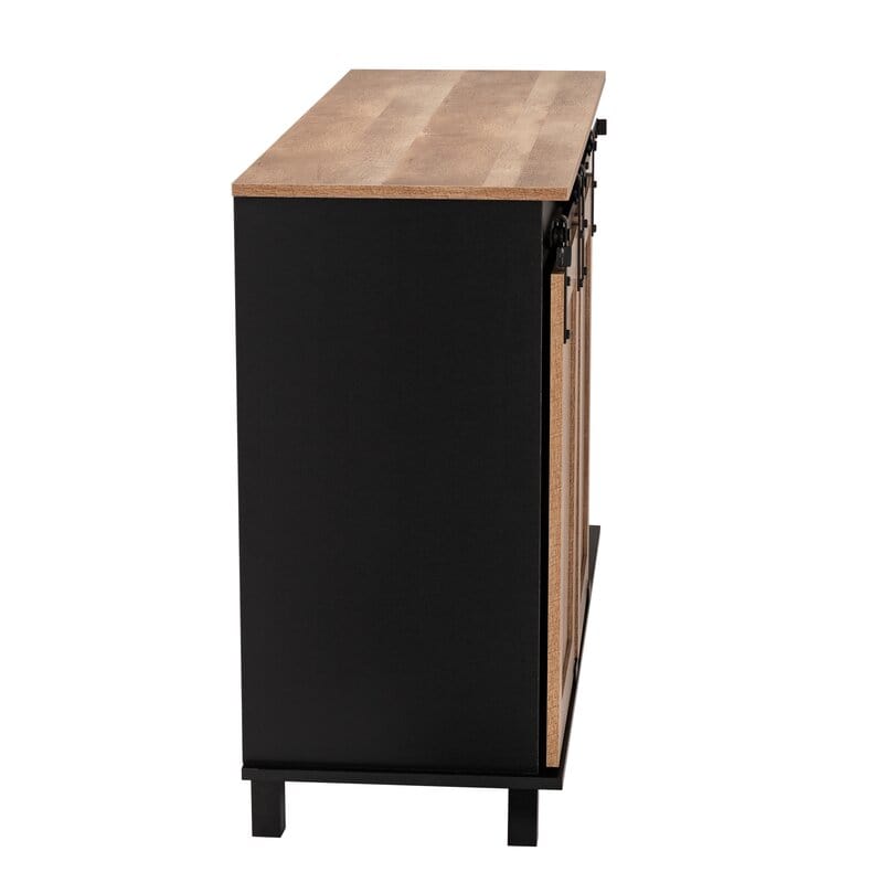 Modern Industrial Black Wine Bar Cabinet With Natural Top And Sliding Doors
