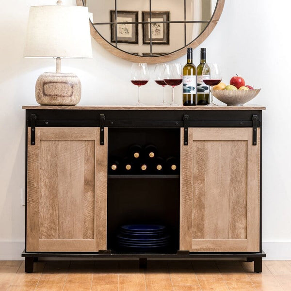 Modern Industrial Black Wine Bar Cabinet With Natural Top And Sliding Doors